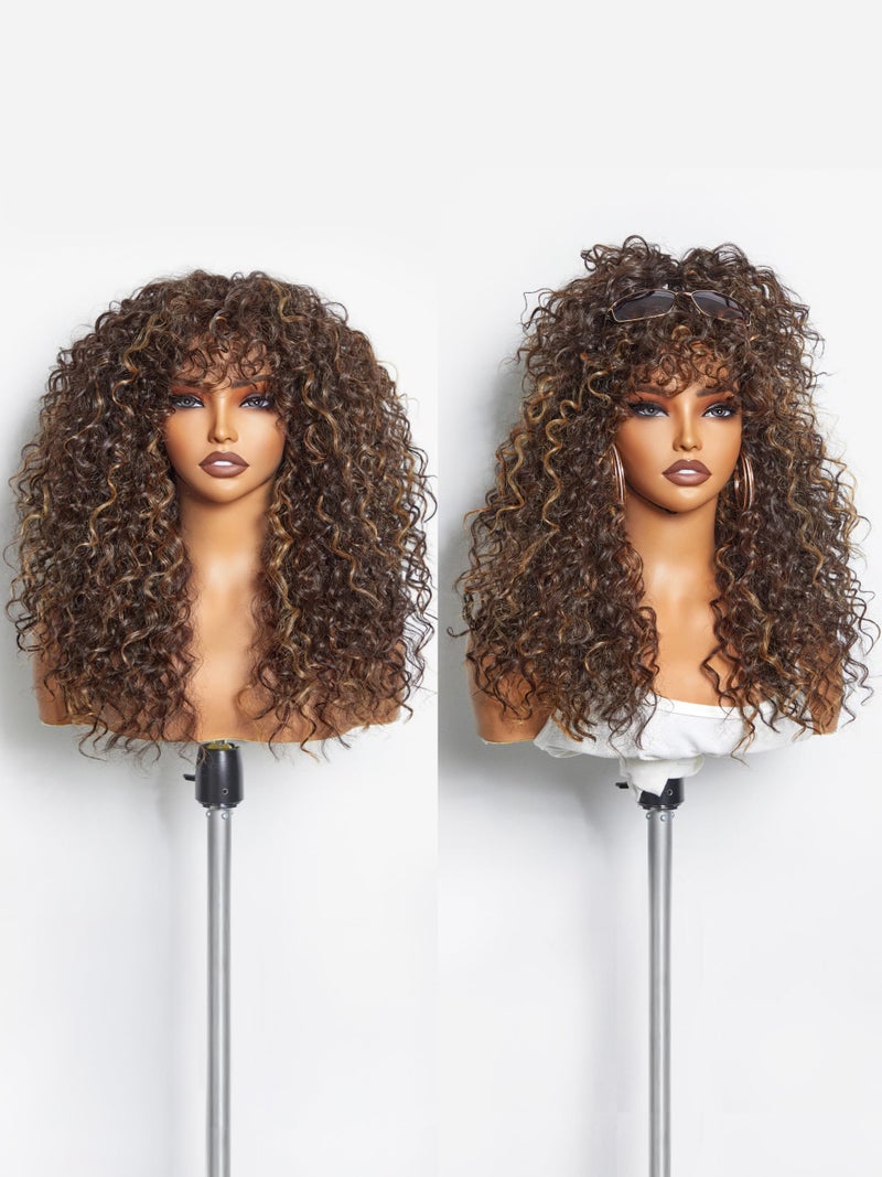 GORGIUS Veralux Blend Human Hair Highlight Brown Curly Wig with Bangs Glueless Synthetic Bang Wigs with Realistic Scalp Put On ang Go Beginner Friendly 20 Inch